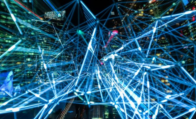 Dynamic urban scene showcasing interconnected light trails representing digital communication networks.