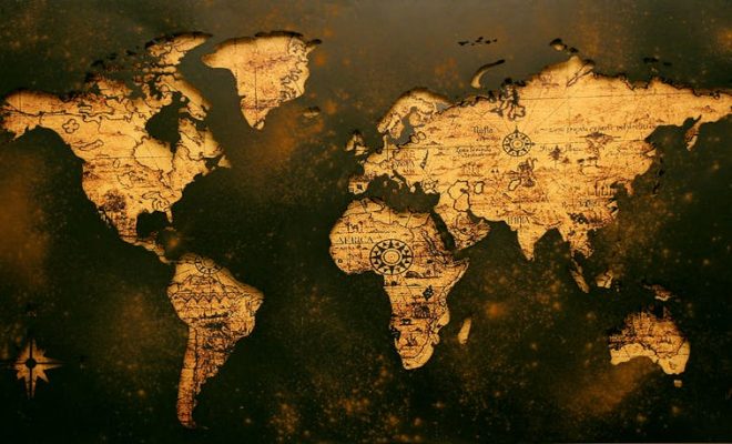 A detailed vintage map showcasing global geography with an old paper texture.